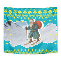 Kazakhstan Christmas Tapestry with Santa Skiing in Traditional Outfit Snow Mountain and Sun Pattern - Wonder Print Shop