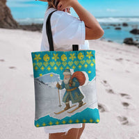 Kazakhstan Christmas Tote Bag with Santa Skiing in Traditional Outfit Snow Mountain and Sun Pattern - Wonder Print Shop