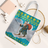 Kazakhstan Christmas Tote Bag with Santa Skiing in Traditional Outfit Snow Mountain and Sun Pattern - Wonder Print Shop