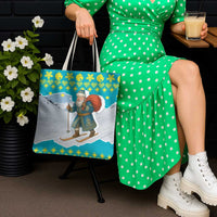 Kazakhstan Christmas Tote Bag with Santa Skiing in Traditional Outfit Snow Mountain and Sun Pattern - Wonder Print Shop