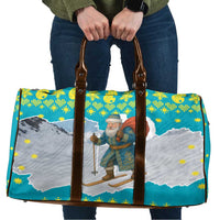 Kazakhstan Christmas Travel Bag with Santa Skiing in Traditional Outfit Snow Mountain and Sun Pattern - Wonder Print Shop