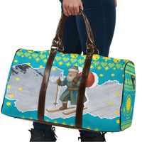 Kazakhstan Christmas Travel Bag with Santa Skiing in Traditional Outfit Snow Mountain and Sun Pattern - Wonder Print Shop