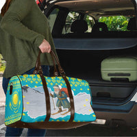 Kazakhstan Christmas Travel Bag with Santa Skiing in Traditional Outfit Snow Mountain and Sun Pattern - Wonder Print Shop