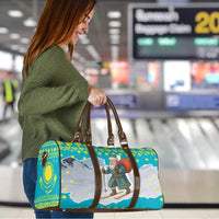 Kazakhstan Christmas Travel Bag with Santa Skiing in Traditional Outfit Snow Mountain and Sun Pattern - Wonder Print Shop