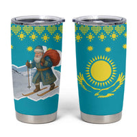 Kazakhstan Christmas Tumbler Cup with Santa Skiing in Traditional Outfit Snow Mountain and Sun Pattern - Wonder Print Shop