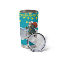 Kazakhstan Christmas Tumbler Cup with Santa Skiing in Traditional Outfit Snow Mountain and Sun Pattern - Wonder Print Shop