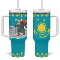 Kazakhstan Christmas Tumbler With Handle with Santa Skiing in Traditional Outfit Snow Mountain and Sun Pattern - Wonder Print Shop