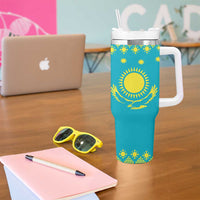 Kazakhstan Christmas Tumbler With Handle with Santa Skiing in Traditional Outfit Snow Mountain and Sun Pattern - Wonder Print Shop