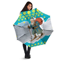 Kazakhstan Christmas Umbrella with Santa Skiing in Traditional Outfit Snow Mountain and Sun Pattern - Wonder Print Shop