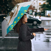 Kazakhstan Christmas Umbrella with Santa Skiing in Traditional Outfit Snow Mountain and Sun Pattern - Wonder Print Shop