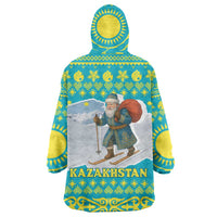 Kazakhstan Christmas Wearable Blanket Hoodie with Santa Skiing in Traditional Outfit Snow Mountain and Sun Pattern - Wonder Print Shop