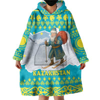Kazakhstan Christmas Wearable Blanket Hoodie with Santa Skiing in Traditional Outfit Snow Mountain and Sun Pattern - Wonder Print Shop