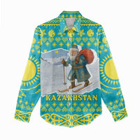 Kazakhstan Christmas Women Casual Shirt with Santa Skiing in Traditional Outfit Snow Mountain and Sun Pattern - Wonder Print Shop