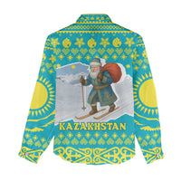 Kazakhstan Christmas Women Casual Shirt with Santa Skiing in Traditional Outfit Snow Mountain and Sun Pattern - Wonder Print Shop