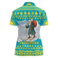 Kazakhstan Christmas Women Polo Shirt with Santa Skiing in Traditional Outfit Snow Mountain and Sun Pattern - Wonder Print Shop