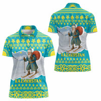 Kazakhstan Christmas Women Polo Shirt with Santa Skiing in Traditional Outfit Snow Mountain and Sun Pattern - Wonder Print Shop