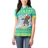 Kazakhstan Christmas Women Polo Shirt with Santa Skiing in Traditional Outfit Snow Mountain and Sun Pattern - Wonder Print Shop