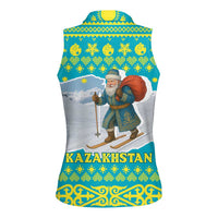 Kazakhstan Christmas Women Sleeveless Polo Shirt with Santa Skiing in Traditional Outfit Snow Mountain and Sun Pattern - Wonder Print Shop