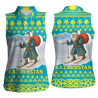 Kazakhstan Christmas Women Sleeveless Polo Shirt with Santa Skiing in Traditional Outfit Snow Mountain and Sun Pattern - Wonder Print Shop