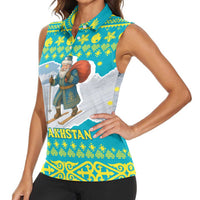Kazakhstan Christmas Women Sleeveless Polo Shirt with Santa Skiing in Traditional Outfit Snow Mountain and Sun Pattern - Wonder Print Shop
