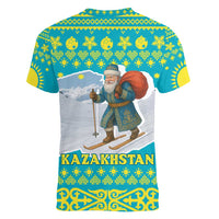 Kazakhstan Christmas Women V-Neck T-Shirt with Santa Skiing in Traditional Outfit Snow Mountain and Sun Pattern - Wonder Print Shop