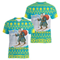 Kazakhstan Christmas Women V-Neck T-Shirt with Santa Skiing in Traditional Outfit Snow Mountain and Sun Pattern - Wonder Print Shop