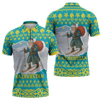 Kazakhstan Christmas Zipper Polo Shirt with Santa Skiing in Traditional Outfit Snow Mountain and Sun Pattern - Wonder Print Shop