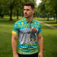 Kazakhstan Christmas Zipper Polo Shirt with Santa Skiing in Traditional Outfit Snow Mountain and Sun Pattern - Wonder Print Shop