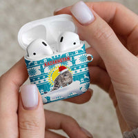 Kazakhstan Christmas AirPods Case with Snow Leopard in Santa Hat Blue and Yellow Reindeer Snowflake - Wonder Print Shop