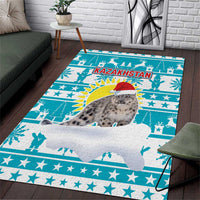 Kazakhstan Christmas Area Rug with Snow Leopard in Santa Hat Blue and Yellow Reindeer Snowflake - Wonder Print Shop