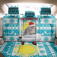 Kazakhstan Christmas Back Car Seat Cover with Snow Leopard in Santa Hat Blue and Yellow Reindeer Snowflake - Wonder Print Shop