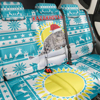 Kazakhstan Christmas Back Car Seat Cover with Snow Leopard in Santa Hat Blue and Yellow Reindeer Snowflake - Wonder Print Shop