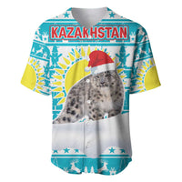 Kazakhstan Christmas Baseball Jersey with Snow Leopard in Santa Hat Blue and Yellow Reindeer Snowflake - Wonder Print Shop