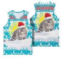 Kazakhstan Christmas Basketball Jersey with Snow Leopard in Santa Hat Blue and Yellow Reindeer Snowflake - Wonder Print Shop
