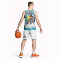 Kazakhstan Christmas Basketball Jersey with Snow Leopard in Santa Hat Blue and Yellow Reindeer Snowflake - Wonder Print Shop