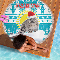 Kazakhstan Christmas Beach Blanket with Snow Leopard in Santa Hat Blue and Yellow Reindeer Snowflake - Wonder Print Shop