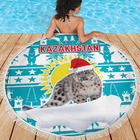 Kazakhstan Christmas Beach Blanket with Snow Leopard in Santa Hat Blue and Yellow Reindeer Snowflake - Wonder Print Shop