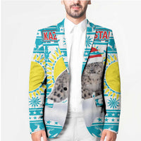 Kazakhstan Christmas Blazer with Snow Leopard in Santa Hat Blue and Yellow Reindeer Snowflake - Wonder Print Shop