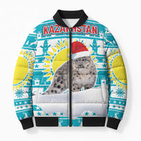 Kazakhstan Christmas Bomber Puffer Jacket with Snow Leopard in Santa Hat Blue and Yellow Reindeer Snowflake - Wonder Print Shop