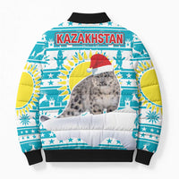 Kazakhstan Christmas Bomber Puffer Jacket with Snow Leopard in Santa Hat Blue and Yellow Reindeer Snowflake - Wonder Print Shop