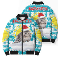 Kazakhstan Christmas Bomber Puffer Jacket with Snow Leopard in Santa Hat Blue and Yellow Reindeer Snowflake - Wonder Print Shop