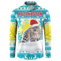 Kazakhstan Christmas Button Sweatshirt with Snow Leopard in Santa Hat Blue and Yellow Reindeer Snowflake - Wonder Print Shop