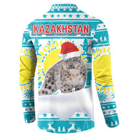 Kazakhstan Christmas Button Sweatshirt with Snow Leopard in Santa Hat Blue and Yellow Reindeer Snowflake - Wonder Print Shop
