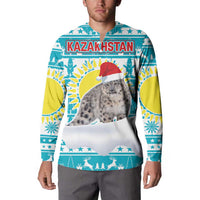 Kazakhstan Christmas Button Sweatshirt with Snow Leopard in Santa Hat Blue and Yellow Reindeer Snowflake - Wonder Print Shop