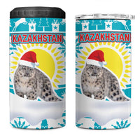 Kazakhstan Christmas 4 in 1 Can Cooler Tumbler with Snow Leopard in Santa Hat Blue and Yellow Reindeer Snowflake - Wonder Print Shop