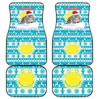 Kazakhstan Christmas Car Mats with Snow Leopard in Santa Hat Blue and Yellow Reindeer Snowflake - Wonder Print Shop