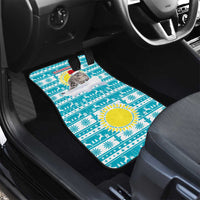 Kazakhstan Christmas Car Mats with Snow Leopard in Santa Hat Blue and Yellow Reindeer Snowflake - Wonder Print Shop