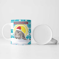 Kazakhstan Christmas Ceramic Mug with Snow Leopard in Santa Hat Blue and Yellow Reindeer Snowflake - Wonder Print Shop