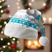 Kazakhstan Christmas Santa Hat with Snow Leopard in Santa Hat Blue and Yellow Reindeer Snowflake - Wonder Print Shop