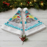 Kazakhstan Christmas Santa Hat with Snow Leopard in Santa Hat Blue and Yellow Reindeer Snowflake - Wonder Print Shop